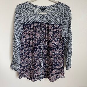 Lucky Brand Sheer Floral Button Up Blouse 3/4 Sleeve Navy Pink White Size Large